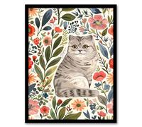 Artery8 Scottish Fold and Rustic Floral Pattern Cat Lover Living Room Artwork Framed Wall Art Print 18X24 Inch