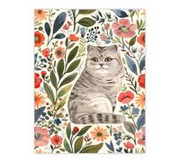 Artery8 Scottish Fold and Rustic Floral Pattern Cat Lover Living Room Large Wall Art Poster Print Thick Paper 18X24 Inch
