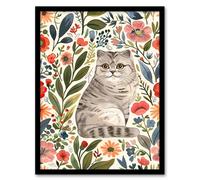 Scottish Fold and Rustic Floral Pattern Cat Lover Framed Wall Art Artery8 Multi A4