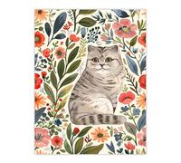 Artery8 Scottish Fold and Rustic Floral Pattern Cat Lover Living Room Extra Large XL Wall Art Poster Print