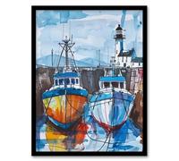 Scottish Harbour Fishing Boats and Lighthouse Framed Wall Art Artery8 Blue A4