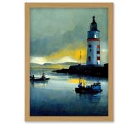 Artery8 Scottish Harbour Fishing Boats Lighthouse Modern Artwork Framed Wall Art Print A4 in Light Oak Artery8 Light Oak
