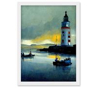 Artery8 Scottish Harbour Fishing Boats Lighthouse Modern Artwork Framed Wall Art Print A4 in White Artery8 White