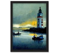 Scottish Harbour Fishing Boats Lighthouse Modern Artwork Framed Wall Art Print A4 Artery8 Black One Size