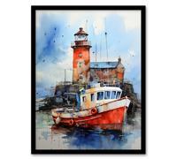 Scottish Harbour Fishing Boats Lighthouse Modern Watercolour Artwork Blue And Red Art Print Framed Poster Wall Decor Artery8 Black A4