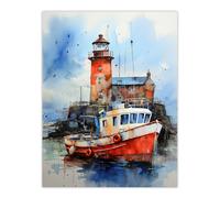 Artery8 Scottish Harbour Fishing Boats Lighthouse Modern Watercolour Artwork Blue & Red Large Wall Unframed Art Poster Print Thick Paper 18X24 Inch Artery8 Multicolor W18" x H24"