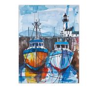 Artery8 Scottish Harbour Fishing Boats & Lighthouse Wall Art Print in Blue | Size: W12" x H16" Artery8 Blue W12" x H16"