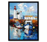 Artery8 Scottish Harbour Oil Painting Lighthouse Rustic Framed Art Print in Blue | Size: W12" x H16" Artery8 Blue W12" x H16"