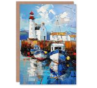 Artery8 Scottish Harbour Oil Painting Lighthouse Rustic Greeting Birthday Card Him Her All Blank