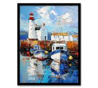 Artery8 Scottish Harbour Oil Painting Lighthouse Rustic Living Room Artwork Framed Wall Art Print 18X24 Inch