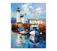 Artery8 Scottish Harbour Oil Painting Lighthouse Rustic Wall Art Print in Blue | Size: W12" x H16" Artery8 Blue W12" x H16"