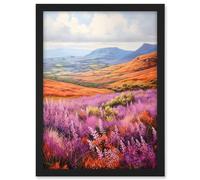 Artery8 Scottish Heather Fields Oil Painting Purple Orange Blue Scotland Countryside Landscape Artwork Framed A3 Wall Art Print