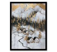Artery8 Scottish Highlands Houses Golden Winter Painting Framed Art Print in White | Size: W12" x H16" Artery8 White W12" x H16"