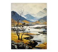Artery8 Scottish Highlands In Autumn Oil Painting Ochre Blue Misty Mountains And Serene Lake Large Wall Art Poster Print Thick Paper 18X24 Inch