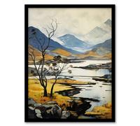 Artery8 Scottish Highlands In Autumn Oil Painting Ochre Blue Misty Mountains And Serene Lake Artwork Framed Wall Art Print A4
