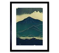 Wall Art Print Scottish Highlands Lake Mountains Blue Linocut Artwork Framed 9X7 Inch Artery8 Black W7 inch x H9 inch
