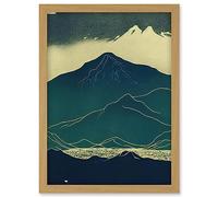 Scottish Highlands Lake Mountains Blue Linocut Artwork Framed Wall Art Print A4 Artery8 Light Oak One Size
