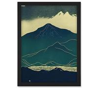 Artery8 Scottish Highlands Lake Mountains Blue Linocut Artwork Framed Wall Art Print A4