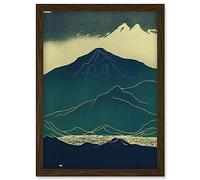 Artery8 Scottish Highlands Lake Mountains Blue Linocut Artwork Framed Wall Art Print A4 in Brown Artery8 Brown