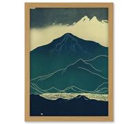 Artery8 Scottish Highlands Lake Mountains Blue Linocut Artwork Framed Wall Art Print A4 in Light Oak Artery8 Light Oak