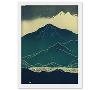 Artery8 Scottish Highlands Lake Mountains Blue Linocut Artwork Framed Wall Art Print A4 in White Artery8 White