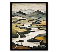 Wall Art Print Scottish Highlands Stylised Oil Painting Boho Mountain Hills And Lakes Art Framed Artery8 Black A4