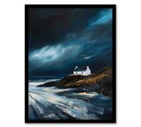 Artery8 Scottish Isle Cottage Oil Painting Stormy Coastal Framed Art Print in Blue | Size: W12" x H16" Artery8 Blue W12" x H16"