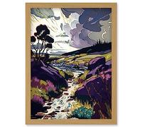 Scottish Landscape Illustration with Stormy Clouds Artwork Framed Wall Art Print A4 Artery8 Light Oak One Size