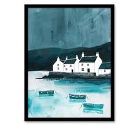 Artery8 Scottish Seascape White Coastal Cottages Boats Bathroom Toilet Artwork Framed Wall Art Print 18X24 Inch