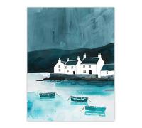 Artery8 Scottish Seascape White Coastal Cottages Boats Bathroom Toilet Large Wall Art Poster Print Thick Paper 18X24 Inch