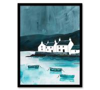 Artery8 Scottish Seascape White Coastal Cottages Boats Framed Art Print in Blue | Size: W12" x H16" Artery8 Blue W12" x H16"
