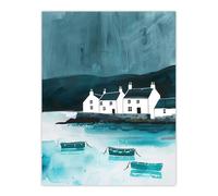 Artery8 Scottish Seascape White Coastal Cottages Boats Wall Art Print in Blue | Size: W12" x H16" Artery8 Blue W12" x H16"