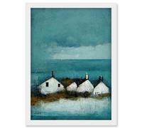 Scottish Seascape White Cottages On Teal Artwork Framed Wall Art Print A4 Artery8 White One Size