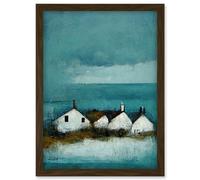 Artery8 Scottish Seascape White Cottages On Teal Artwork Framed Wall Art Print A4 in Brown Artery8 Brown