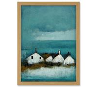 Doppelganger33 LTD Scottish Seascape White Cottages On Teal Artwork Framed Wall Art Print A4