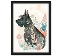 Artery8 Scottish Terrier Dog in Flower Field Bright Modern Multicoloured Watercolour Illustration Artwork Framed A3 Wall Art Print
