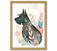 Artery8 Scottish Terrier Dog in Flower Field Bright Modern Multicoloured Watercolour Illustration Artwork Framed A3 Wall Art Print