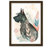 Artery8 Scottish Terrier Dog in Flower Field Bright Modern Multicoloured Watercolour Illustration Artwork Framed Wall Art Print A4 in Brown Artery8 Brown