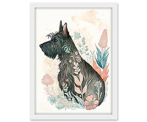 Artery8 Scottish Terrier Dog in Flower Field Bright Modern Multicoloured Watercolour Illustration Artwork Framed A3 Wall Art Print