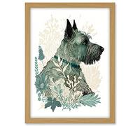 Artery8 Scottish Terrier Dog Lying in Flower Field Modern Teal Tan Illustration Artwork Framed A3 Wall Art Print