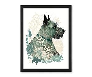 Artery8 Scottish Terrier Dog Lying in Flower Field Modern Teal Tan Illustration Artwork Framed Wall Art Print 18X24 Inch