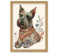 Artery8 Scottish Terrier Dog with Flower Pattern Fur Coat Modern Watercolour Illustration Artwork Framed Wall Art Print A4 in Light Oak Artery8 Light Oak