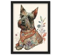 Artery8 Scottish Terrier Dog with Flower Pattern Fur Coat Modern Watercolour Illustration Artwork Framed Wall Art Print A4 in Black Artery8 Black