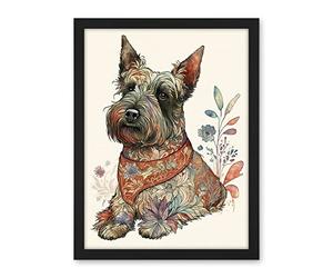 Artery8 Scottish Terrier Dog with Flower Pattern Fur Coat Modern Watercolour Illustration Artwork Framed Wall Art Print 18X24 Inch