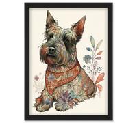 Artery8 Scottish Terrier Dog With Flower Pattern Fur Coat Modern Watercolour Illustration Wall Art Print - A4 Size