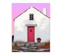 Artery8 Scottish White Bothy Cottage With Red Front Door Wall Art Print in Pink | Size: W12" x H16" Artery8 Pink W12" x H16"