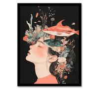 Sea Dream Coral Reef Fish Woman Surreal Portrait Framed Art Print Artery8 Orange A4