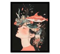 Sea Dream Coral Reef Fish Woman Surreal Portrait Framed Art Print Artery8 Orange A4