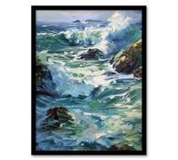 Sea Spray Waves Crashing on Rocks Oil Painting Framed Art Print Artery8 Blue A4