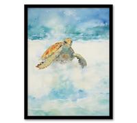 Artery8 Sea Turtle Surf Watercolour Painting Surfing Over Foam Waves Bright Seascape Artwork Framed Wall Art Print A4